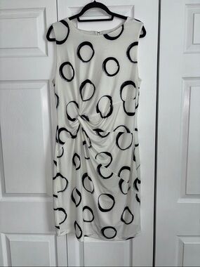 DKNY White Midi Dress with Black Circle Print and Front Twist